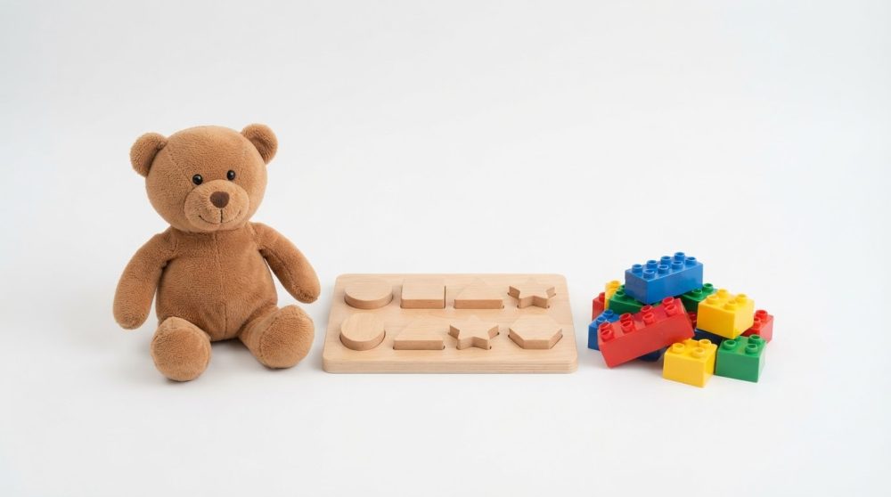 Urso de peluche castanho com tabuleiro de madeira e blocos de construção coloridos