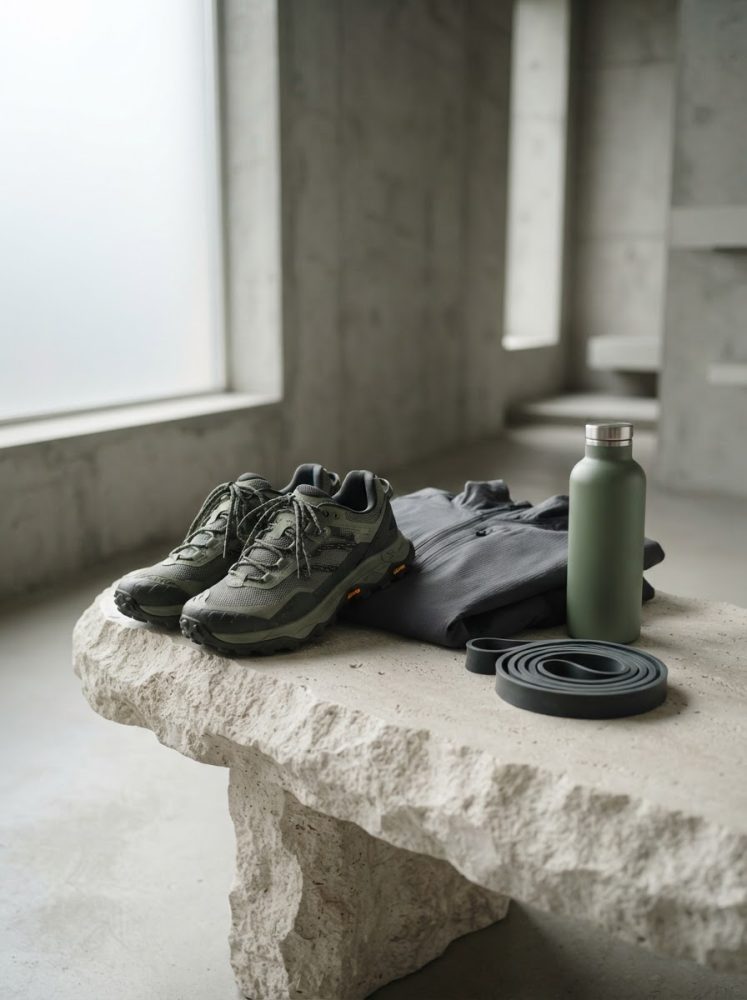 Ténis desportivos, t-shirt, garrafa e faixa de exercício sobre mesa de pedra rústica em ambiente minimalista
