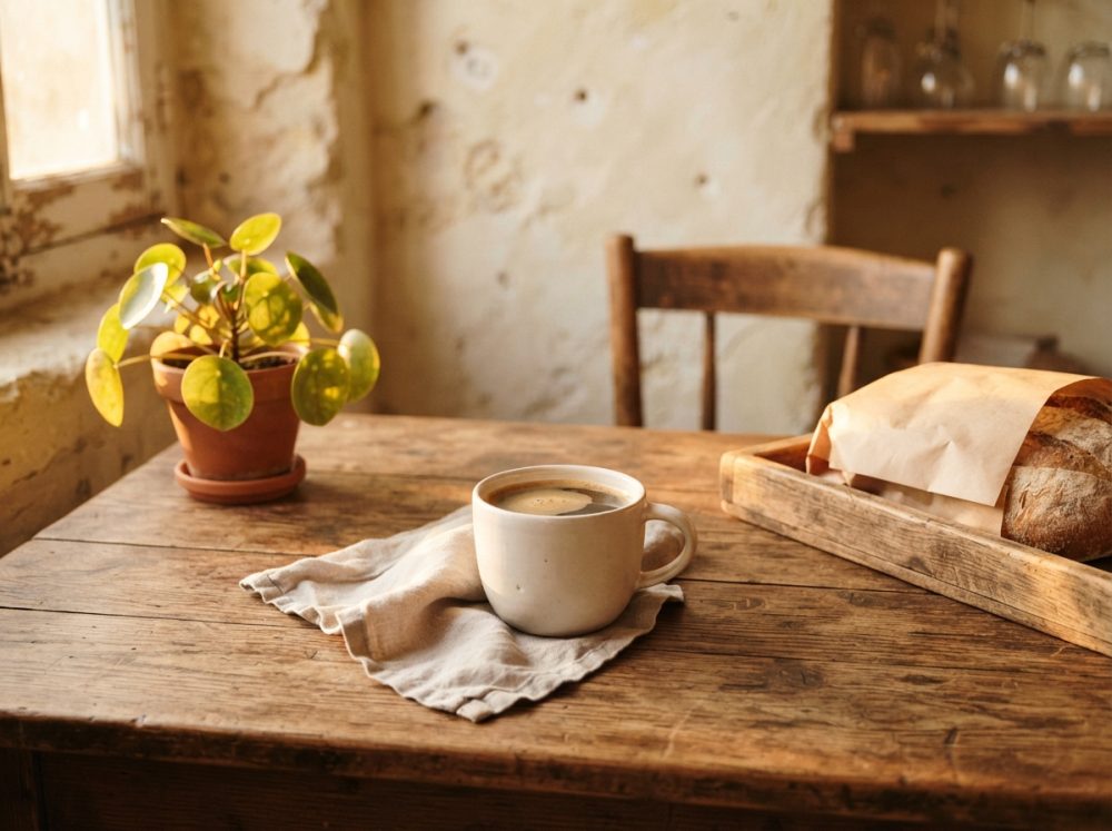 Chávena de café, pão num tabuleiro de madeira e planta em vaso sobre mesa rústica junto à janela