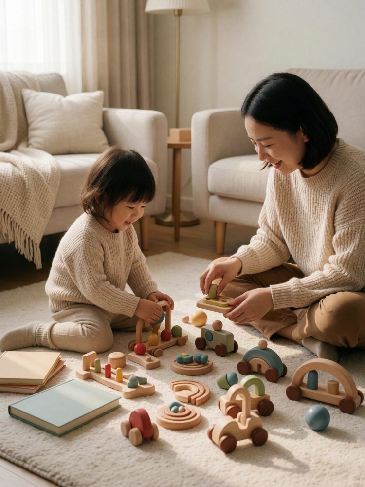 Mãe e criança sentadas no chão brincando com brinquedos de madeira coloridos em sala luminosa