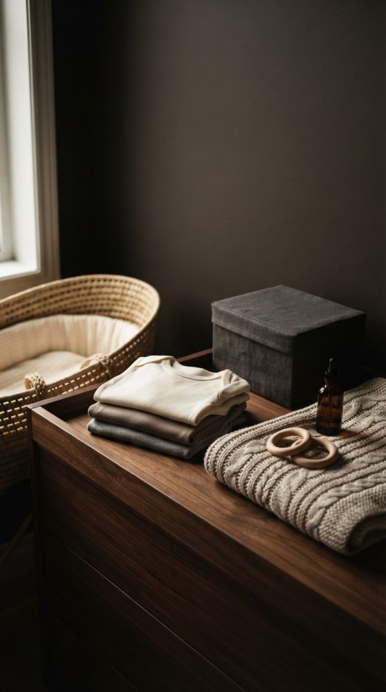 Roupas e acessórios de bebé naturais sobre armário de madeira com cesta de palha e luz suave