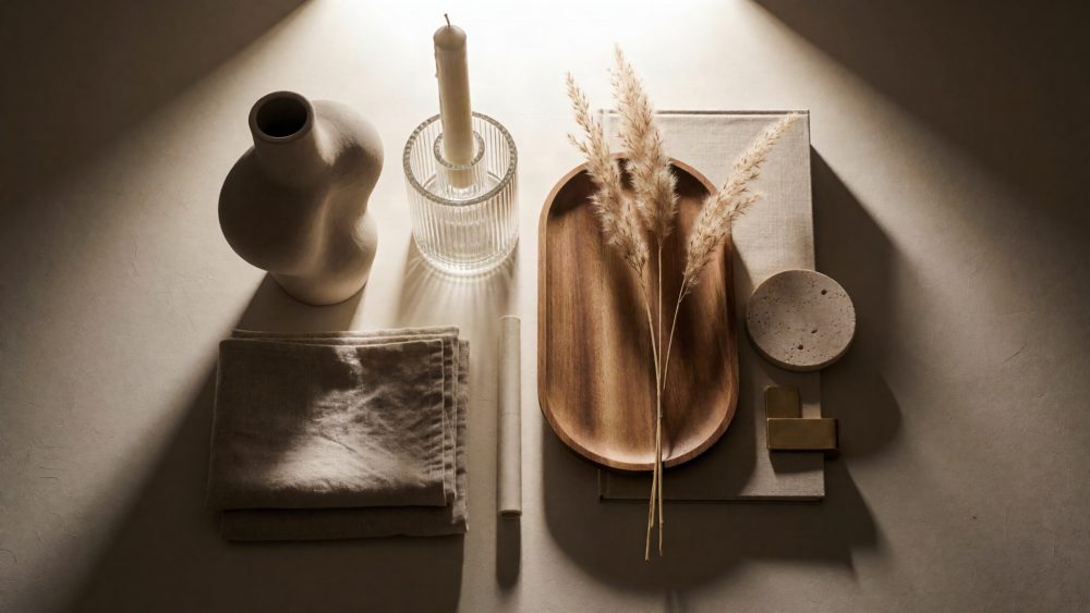 Conjunto decorativo com vaso, castiçal, prato de madeira e folhas secas sobre tecidos neutros