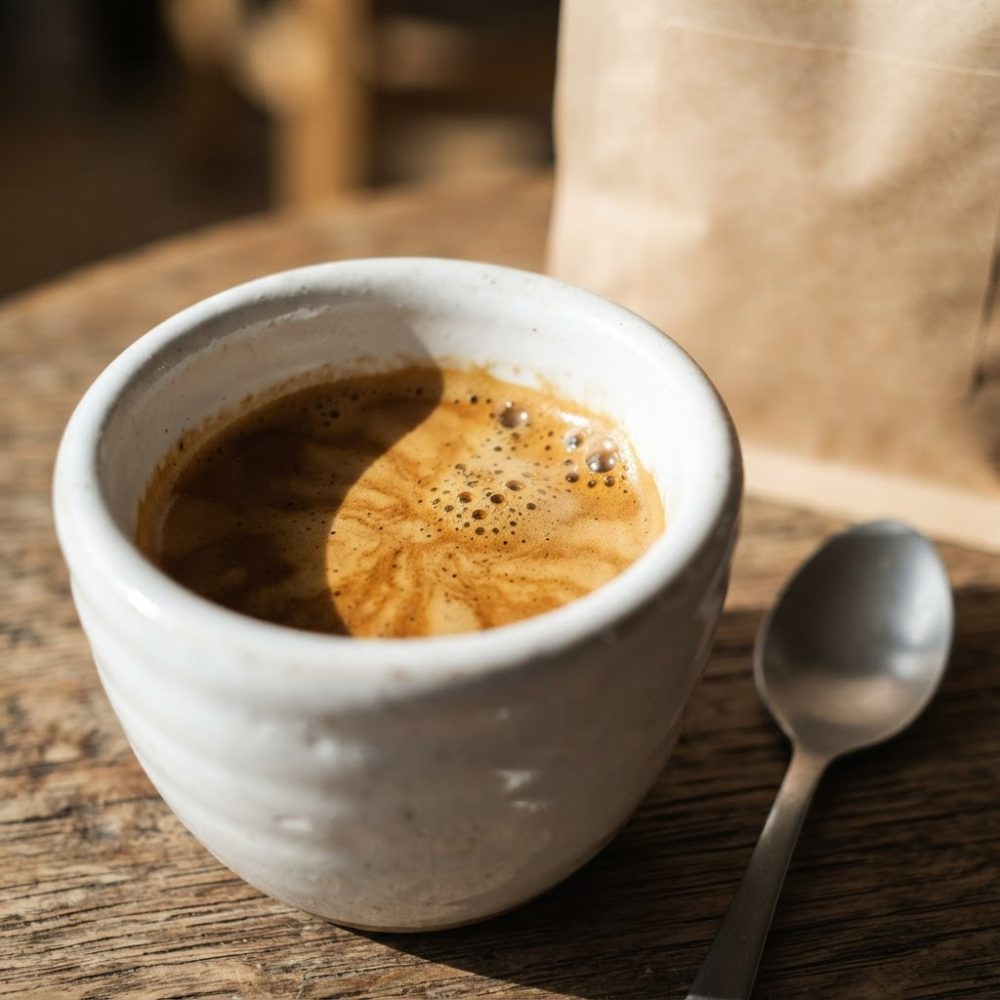 Copo cerâmico branco com café espresso sobre mesa em madeira rústica, ao lado colher metálica