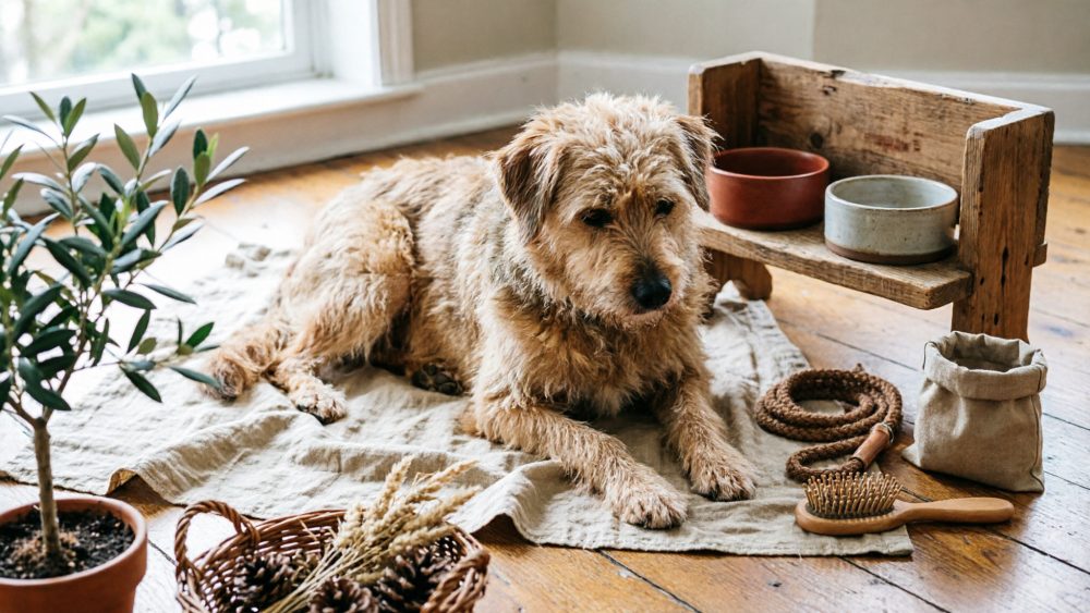 Cão castanho com pelo comprido deitado junto a comedouro de madeira e acessórios para animais numa sala com chão de madeira