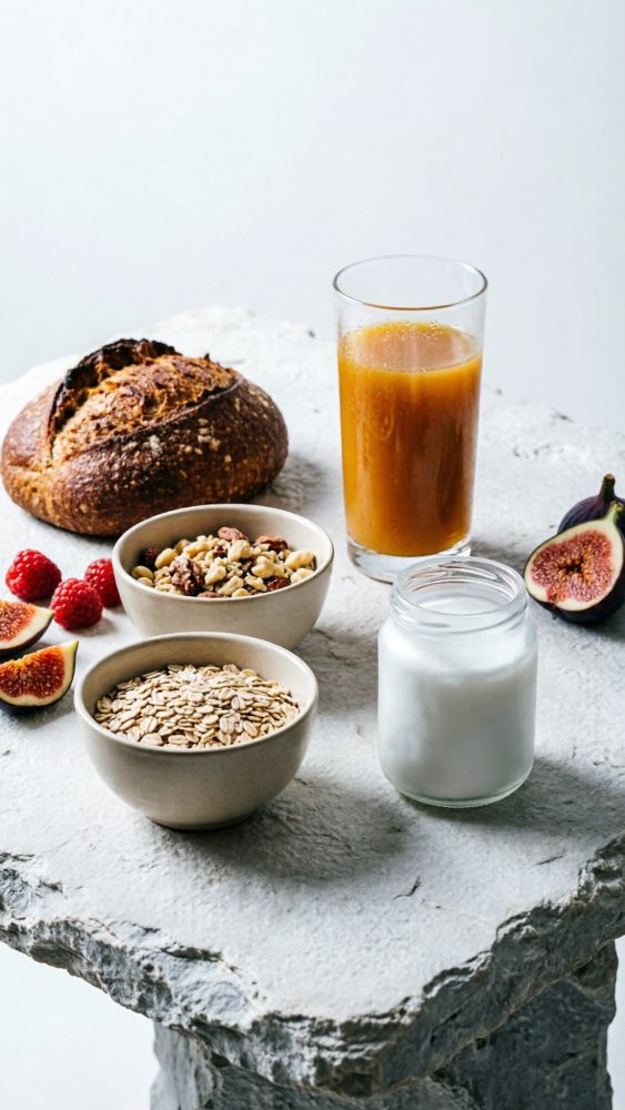 Mesa rústica com pão, tigelas de aveia e frutos secos, copo de sumo laranja e frasco de iogurte natural