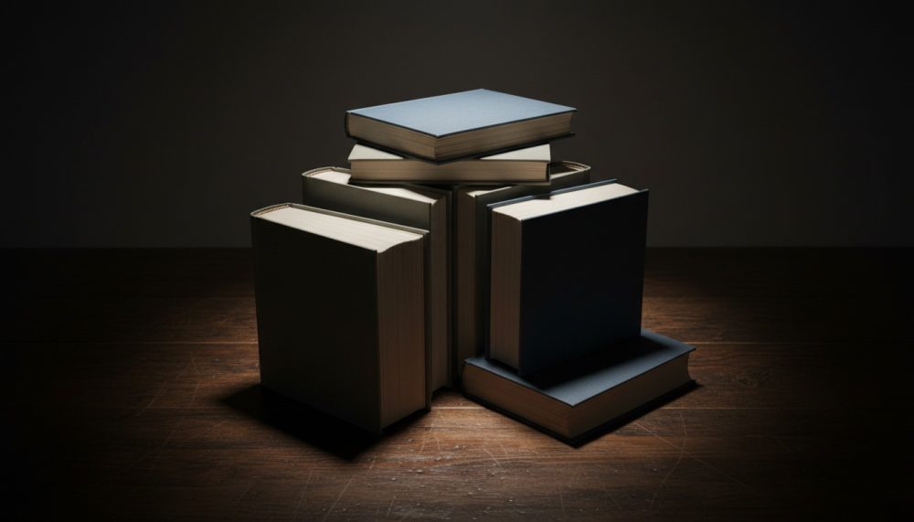 Livros com capas neutras empilhados em círculo sobre mesa de madeira com iluminação focada