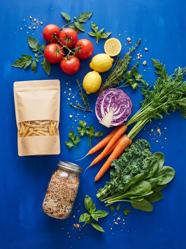 Legumes frescos, limões, massa e mistura de grãos em fundo azul para alimentação saudável