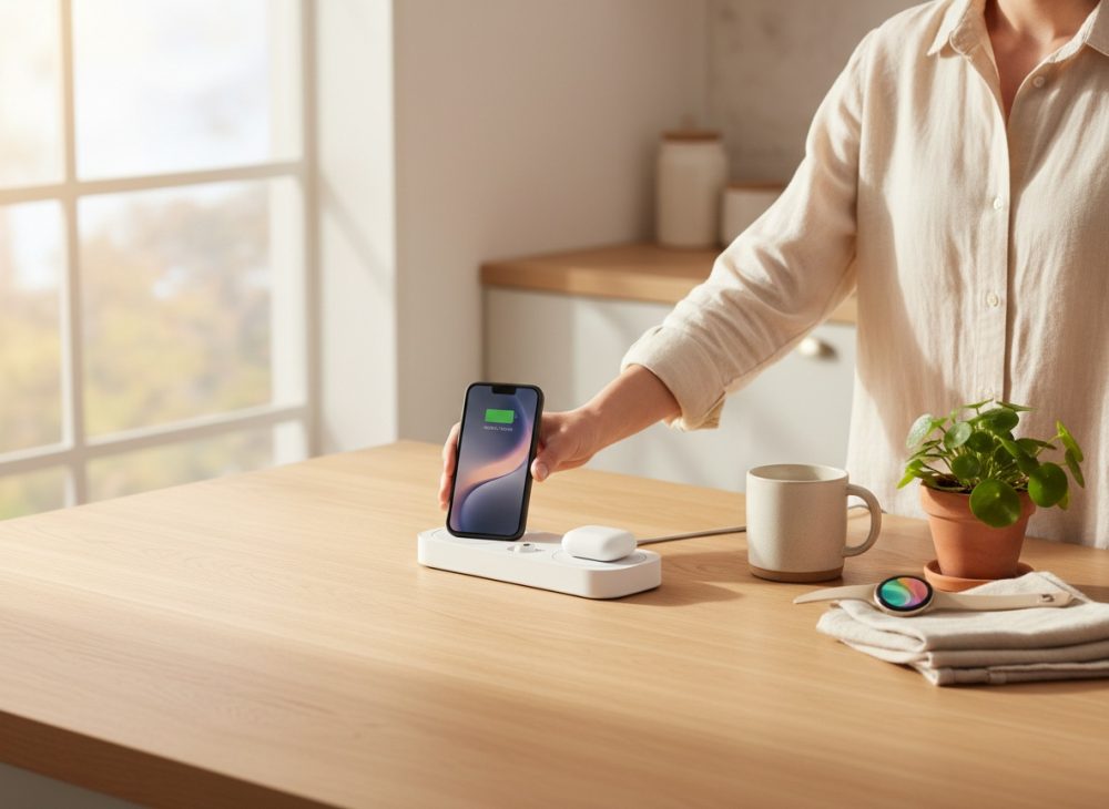 Pessoa a colocar smartphone numa estação de carregamento wireless sobre mesa de madeira com acessórios