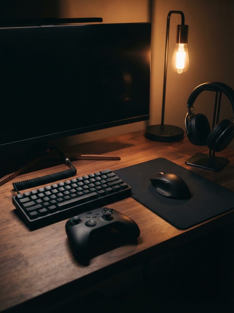 Setup gaming com monitor curvo, teclado, comando, auscultadores e candeeiro de luz quente