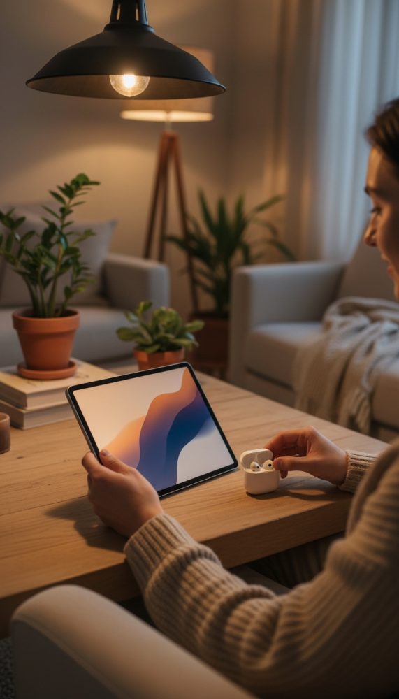 Pessoa a segurar tablet e abrir estojo de auriculares sem fios numa sala com plantas e luz quente
