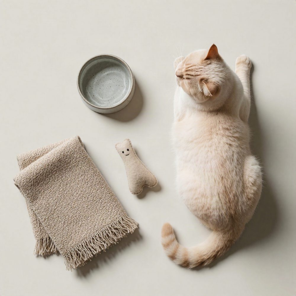 Gato creme ao lado de manta bege, brinquedo pelúcia e taça cinza