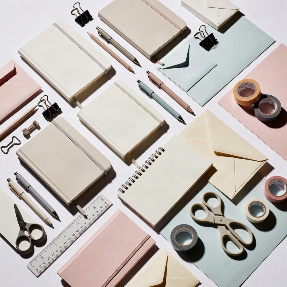 Coleção organizada de material de papelaria com cadernos, envelopes, canetas, lápis, fita adesiva e tesoura em tons neutros