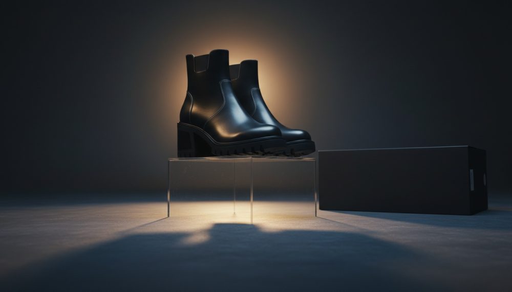 Botins pretos em pele com salto grosso sobre suporte transparente e caixa preta ao lado