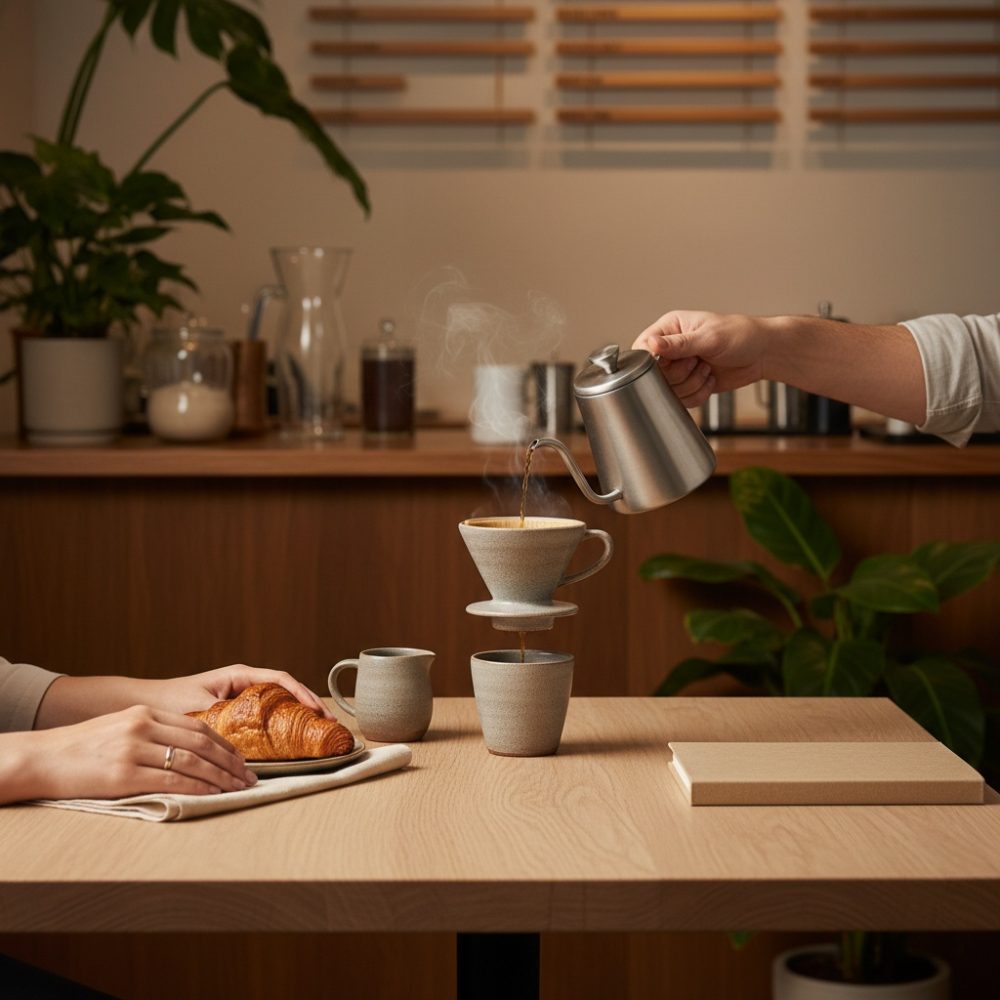 Pessoa a preparar café coado com chaleira metálica e croissant sobre mesa de madeira clara