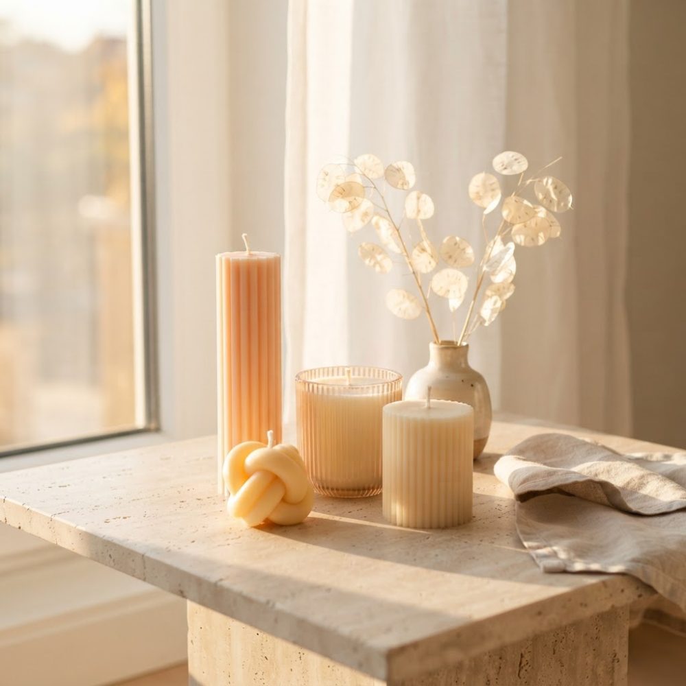 Conjunto harmonioso de velas em tons neutros ao lado de vaso com flores secas numa mesa junto à janela