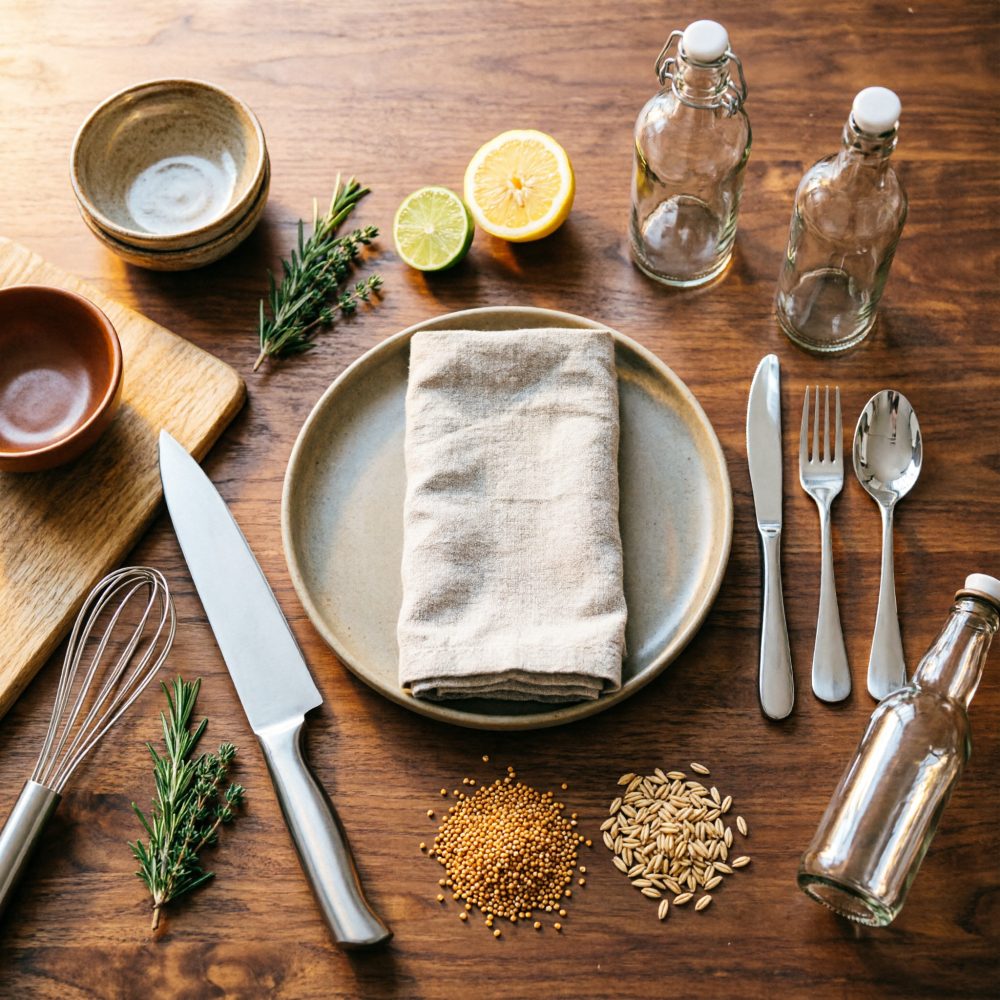 Mesa de madeira com utensílios de cozinha, talheres, ervas, limão, sementes e garrafas de vidro