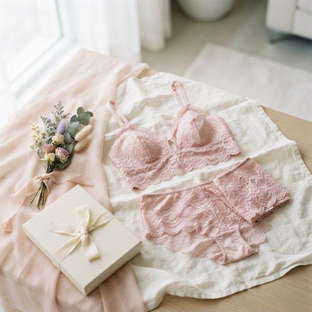 Conjunto de lingerie rosa em renda com soutien e cuecas sobre tecido claro com caixa e flores ao lado