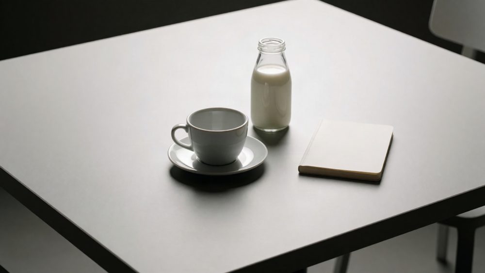 Mesa branca com chávena, garrafa de leite e bloco de notas em café minimalista