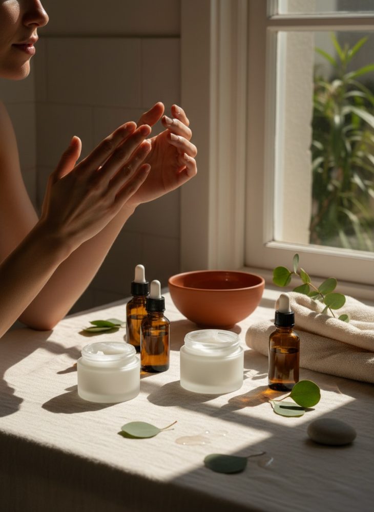 Mãos femininas aplicam creme com frascos de cosméticos naturais na mesa junto a janela