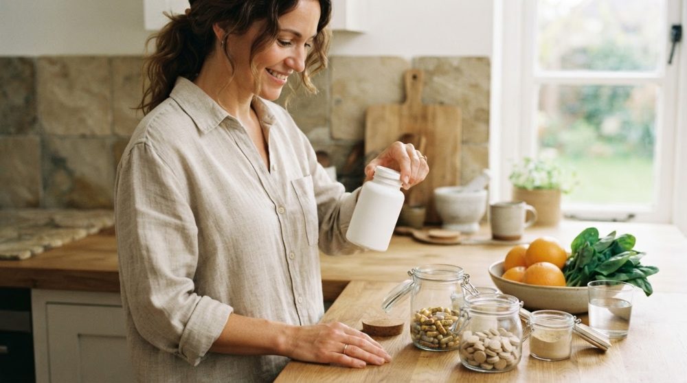 Mulher a preparar suplementos naturais na cozinha com frascos sobre bancada de madeira