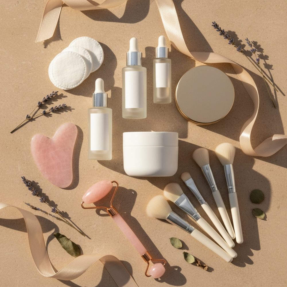 Produtos e acessórios de beleza naturais com frascos, escovas, rolo de cristal e decoração suave