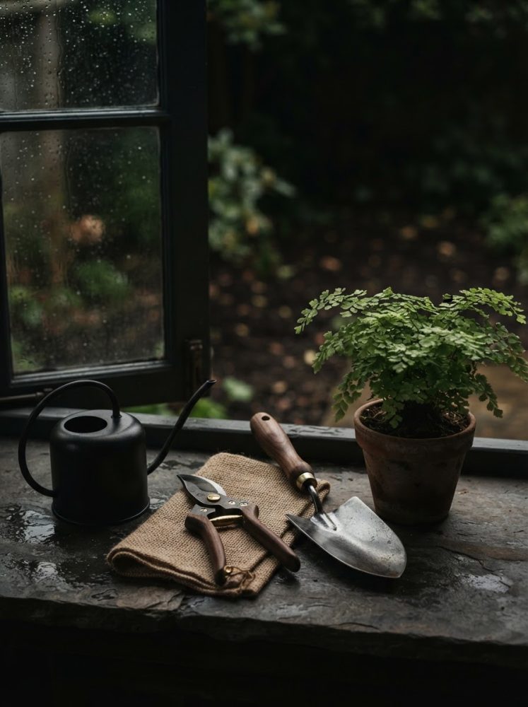 Ferramentas de jardinagem, regador e planta em vaso junto a janela com gotas de chuva