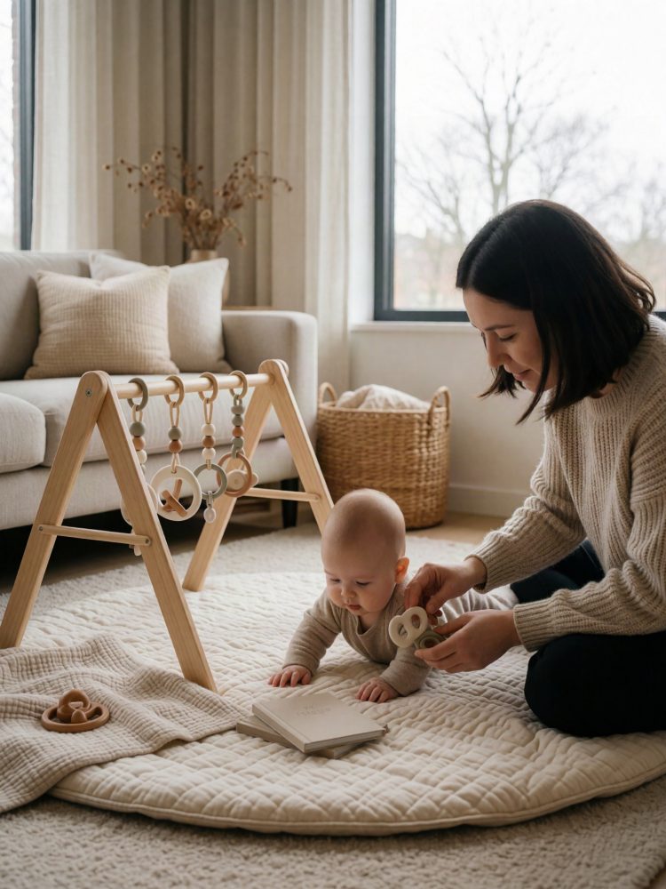 Bebé no chão com mãe perto e brinquedos de madeira num tapete acolchoado numa sala luminosa