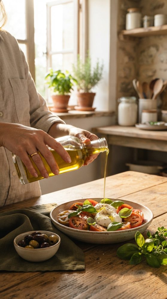 Pessoa a derramar azeite numa salada com tomates, manjericão e mozzarella numa cozinha acolhedora