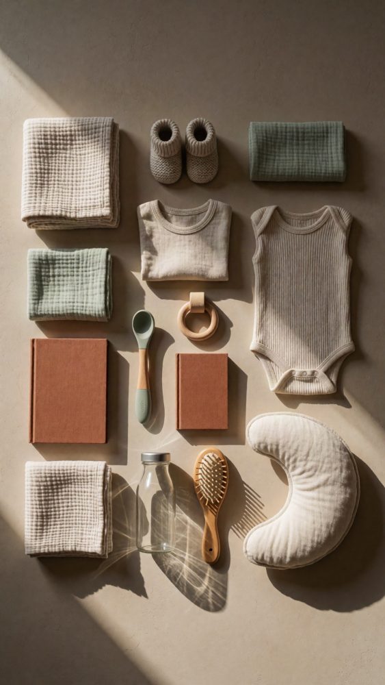 Conjunto organizado de roupas e acessórios para bebé em tons neutros sobre superfície clara