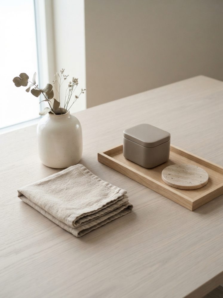 Mesa clara com vaso branco, pano linho, caixa e prato em madeira minimalistas