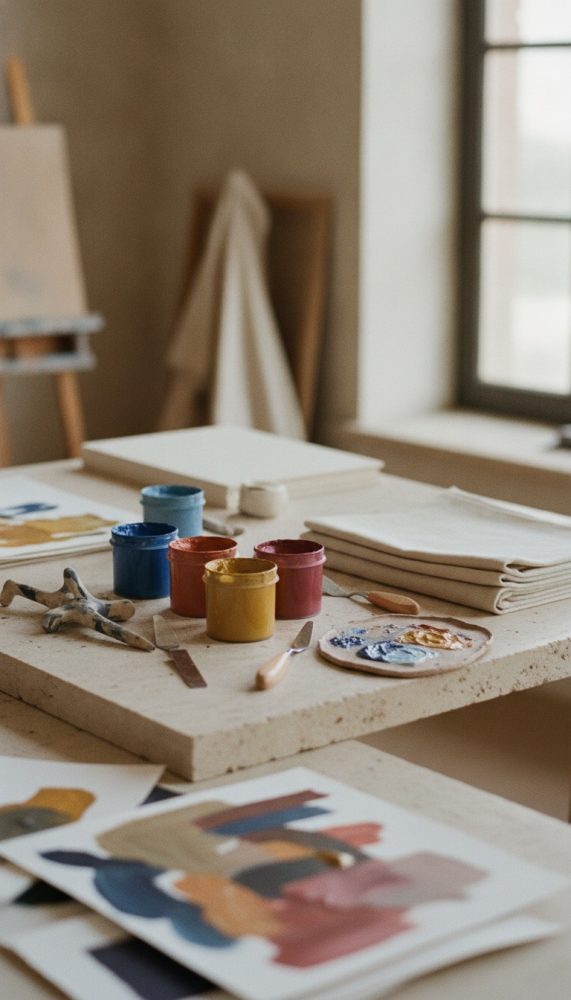 Mesa de atelier com frascos de tinta, paletas e telas para pintura perto de janela iluminada