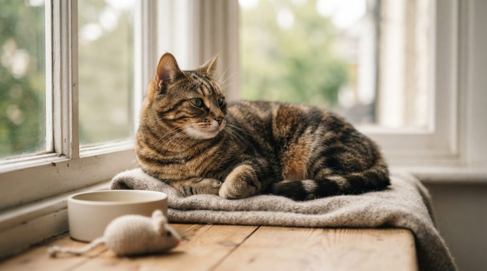 Gato tigrado deitado numa almofada cinzenta junto à janela com prato branco e brinquedo de rato