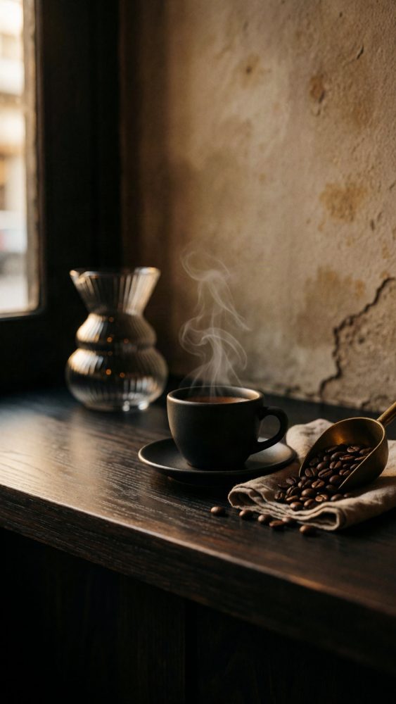 Xícara preta com café quente fumegante numa mesa rústica com grãos de café em colher dourada