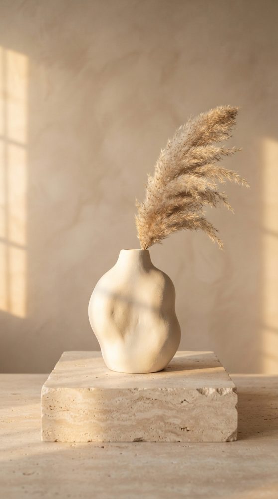 Vaso creme com formas orgânicas com flores secas de pampas sobre base de pedra