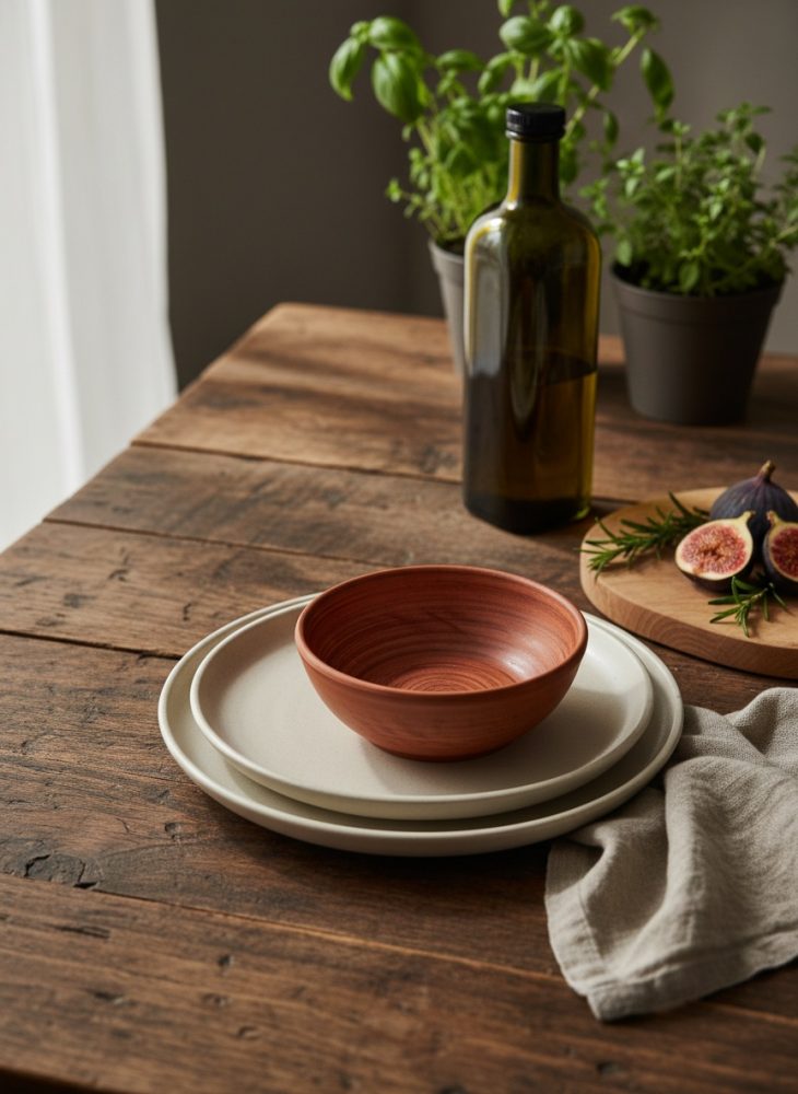 Louça rústica com taça de madeira sobre mesa de madeira com garrafa e plantas ao fundo