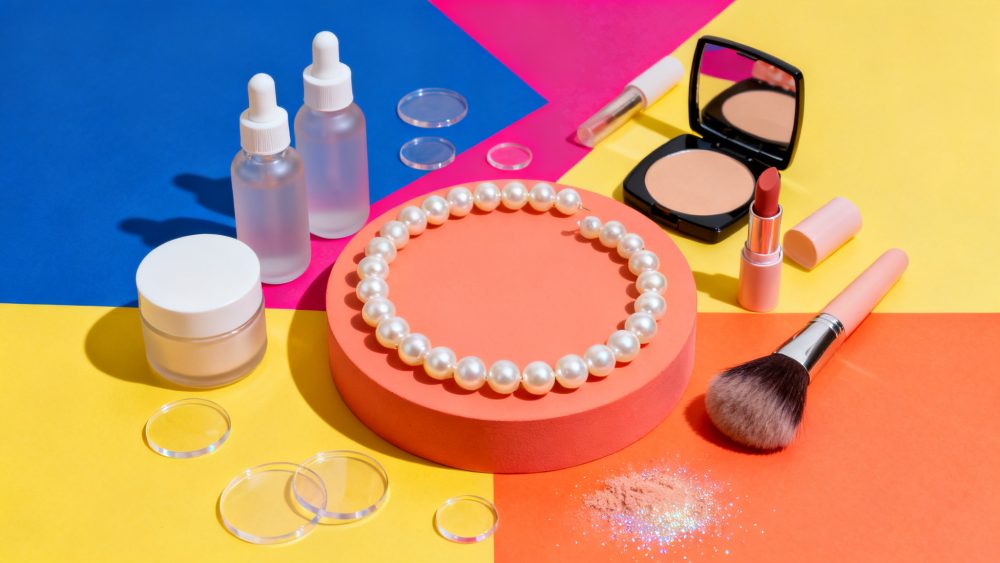 Produtos de beleza com colar de pérolas sobre fundo colorido vibrante
