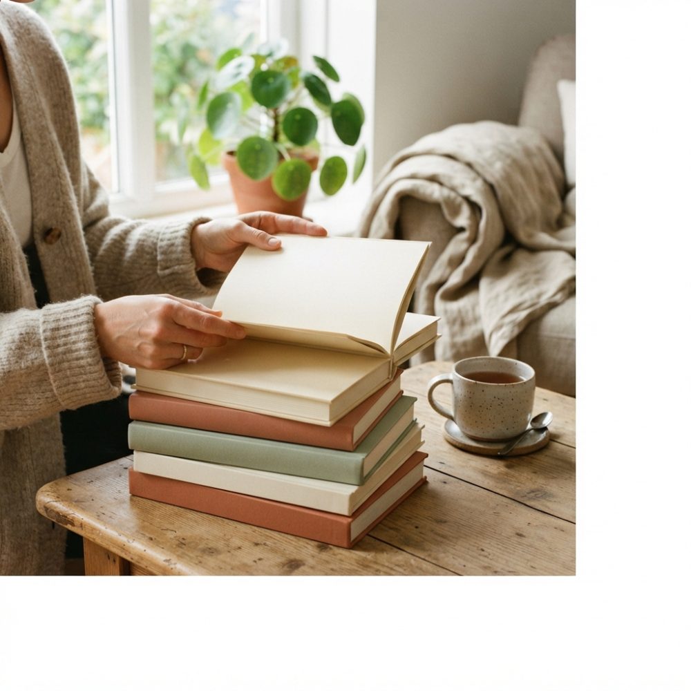 Pessoa a folhear livro numa mesa com pilha de livros e chá, junto a planta e manta