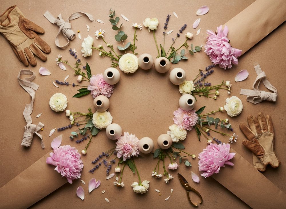 Arranjo em círculo de vasos com flores rosas, brancas e lavanda, luvas e fitas de tecido sobre fundo castanho
