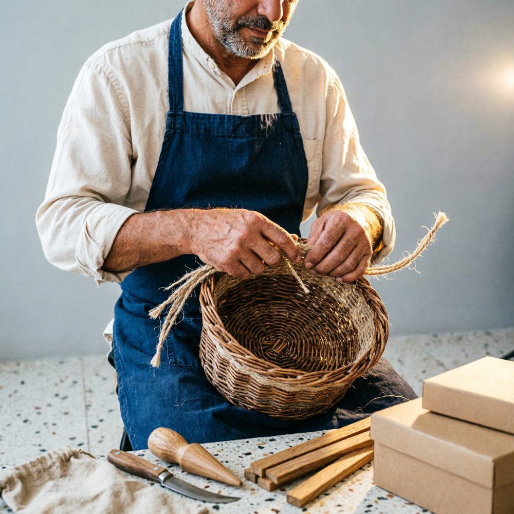 Homem artesão a trabalhar numa cesta de vime com cordas naturais
