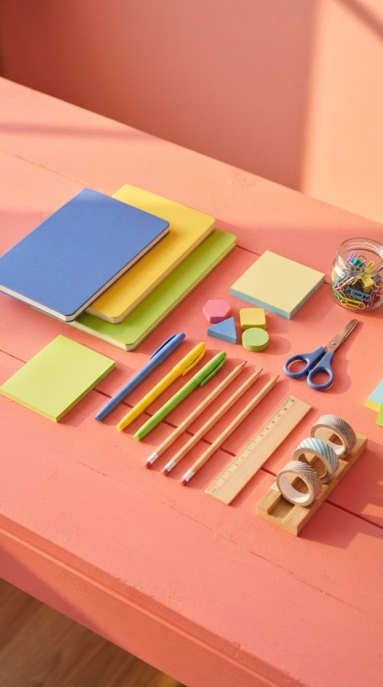 Mesa cor-de-rosa com material de papelaria colorido organizado em linhas com cadernos, canetas, lápis e fita decorativa