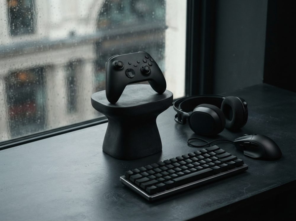 Comando preto para jogos, teclado, rato e auriculares sobre secretária escura perto de janela com chuva