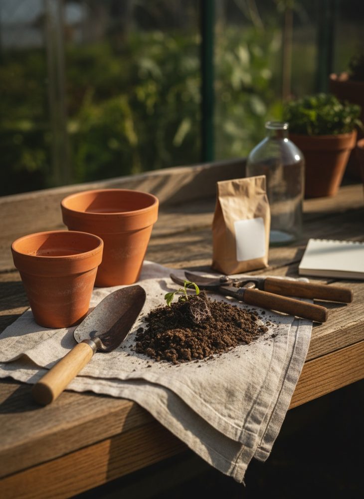 Ferramentas de jardinagem e vasos de barro com terra e muda sobre uma mesa de madeira em estufa