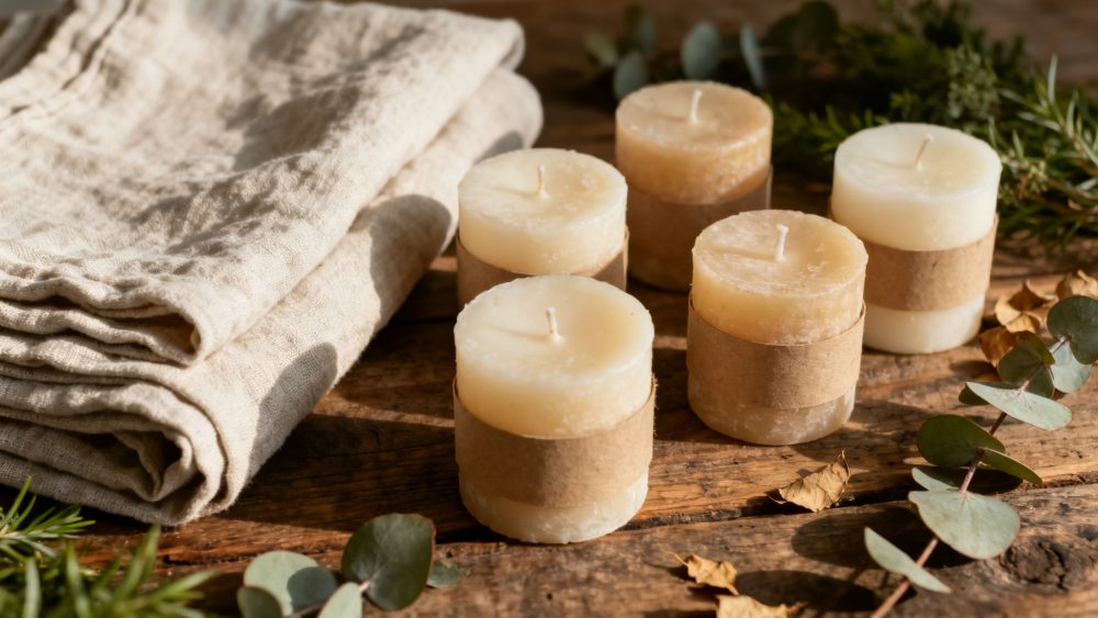Cinco velas naturais com bandas de papel ao lado de toalhas de linho sobre madeira rústica com folhas secas e verdes