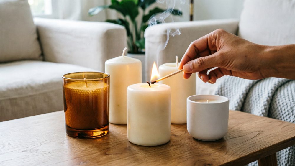 Várias velas em mesa de madeira numa sala de estar moderna com uma vela a ser acesa