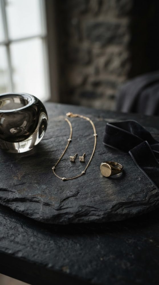 Conjunto de joalharia em ouro com anel, colar e brincos disposto sobre pedra escura