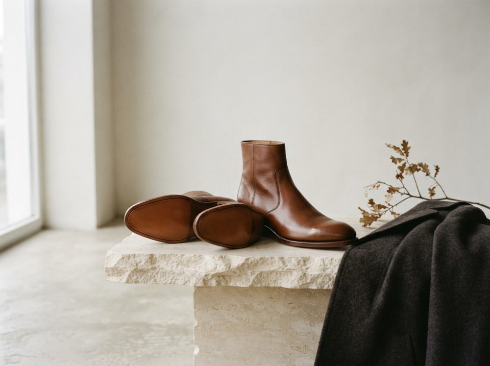 Botas castanhas de pele sobre mesa de pedra com casaco escuro e galho seco ao lado