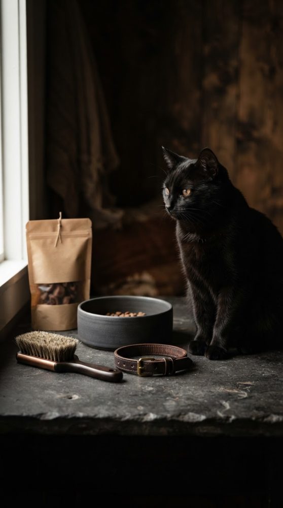 Gato preto sentado junto a tigela com comida, escova e coleira na mesa perto da janela