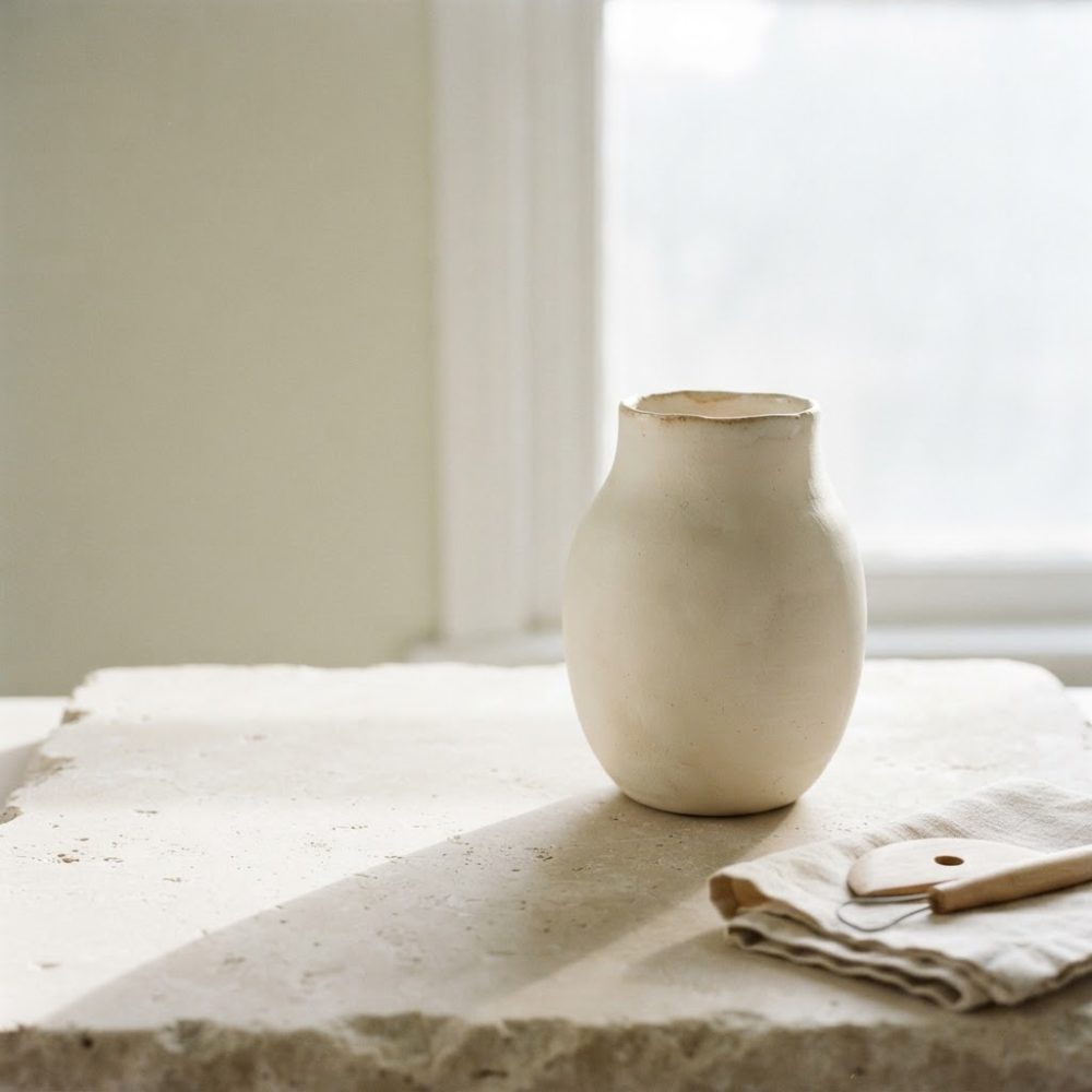 Vaso cerâmico artesanal bege sobre pedra clara com pano e ferramenta artesanal