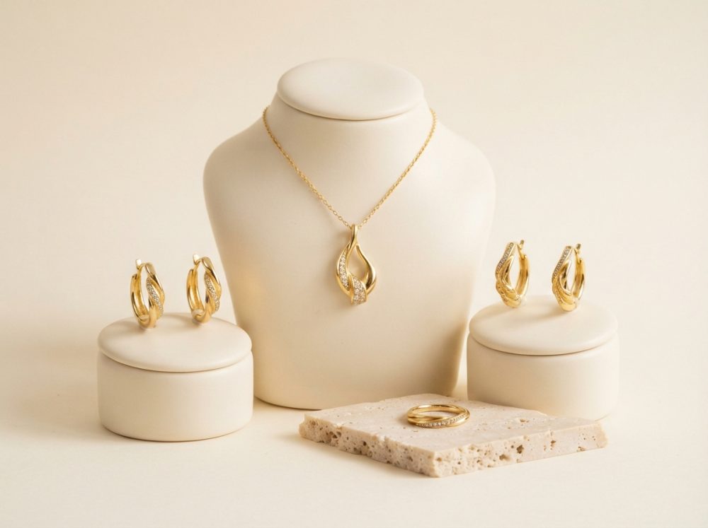 Conjunto de joias douradas com colar, brincos e anel sobre suportes creme e base texturada