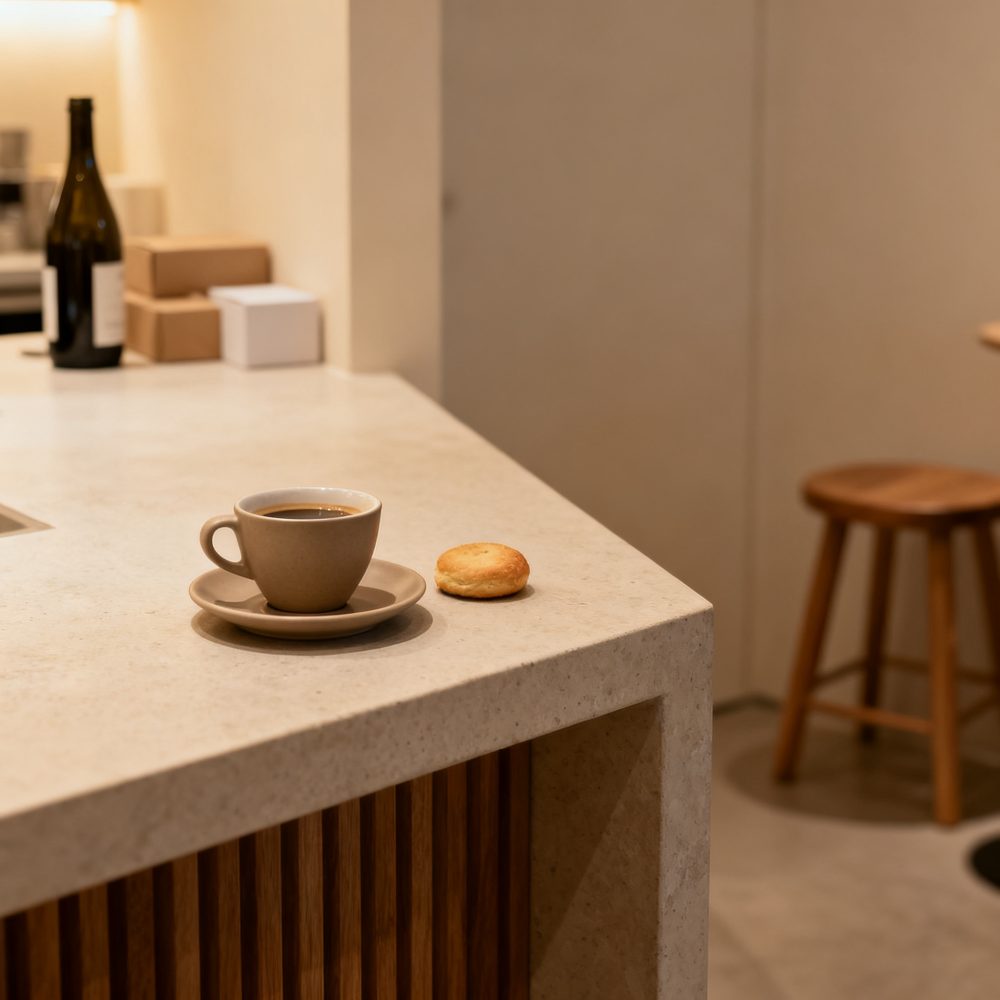 Chávena castanha com café expresso e biscoito numa bancada clara minimalista de café